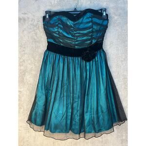 VTG Y2K Prom Dress Size 13 Teal Satin Black Tulle Velvet Trim Whimsygoth Skater